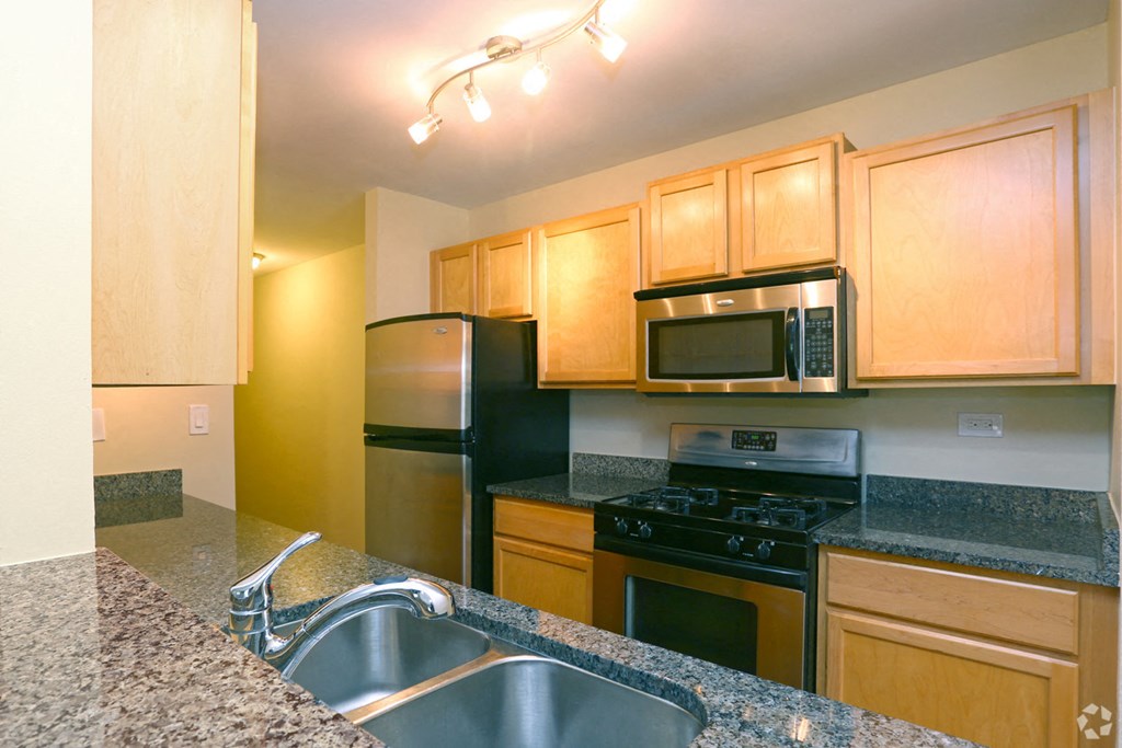 a kitchen with stainless steel appliances and granite counter tops
