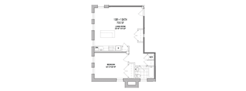 A floor plan of a living room, bedroom, and bathroom.