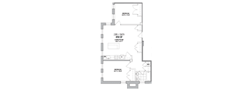 A floor plan of a two bedroom apartment with a living room and a bathroom.