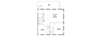 A floor plan of a house with a living room, two bathrooms, and two bedrooms.