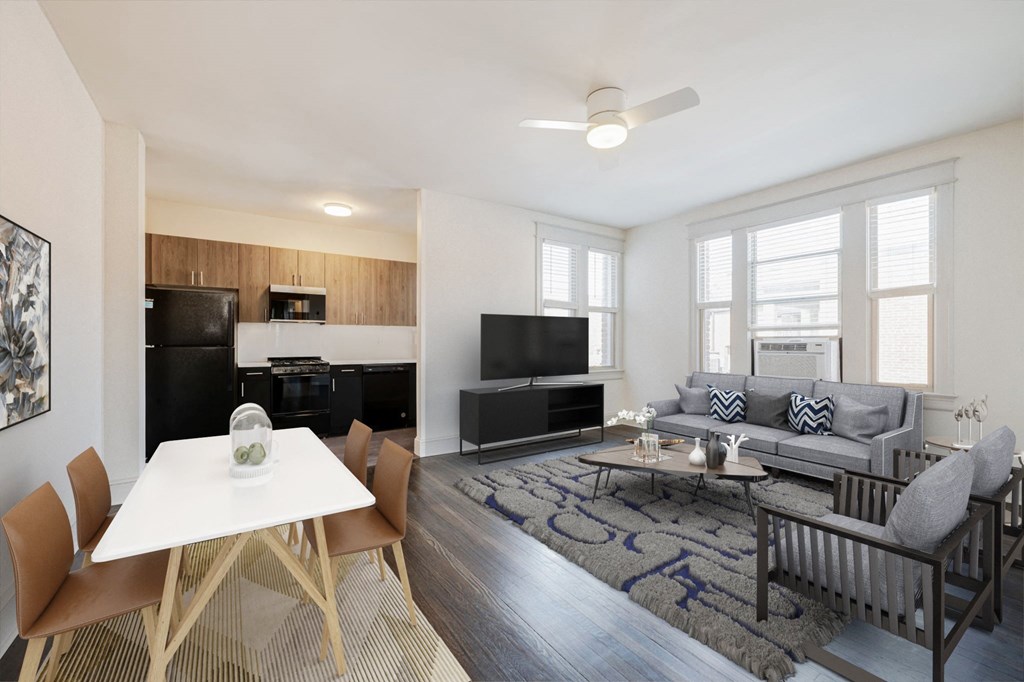 a living room with a couch and a table