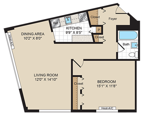 One Bedroom 24-1E Floorplan at 2400 Pennsylvania Avenue Apartments