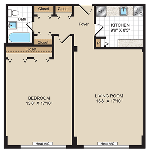 One Bedroom 24-1G Floorplan at 2400 Pennsylvania Avenue Apartments