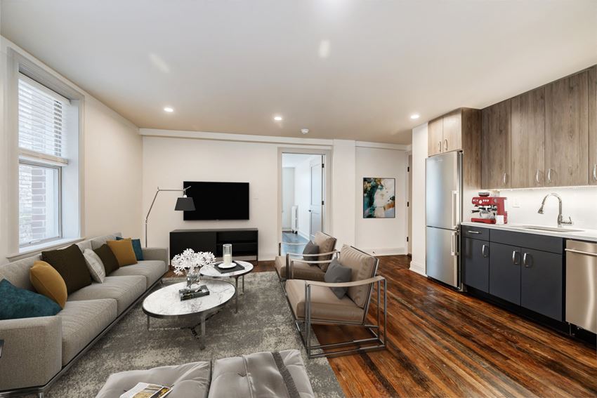 a living room with a couch and a table