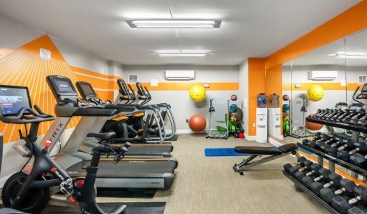 A gym with treadmills, exercise balls, and dumbbells. at Calvert House Apartments, Washington