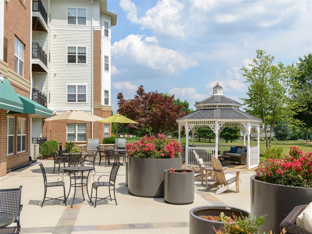 Large Resort-Style Furnished Outdoor Patio With Comfortable Amenities, Lavish Landscaping And Open Fields at Evergreens at Smith Run, Fredericksburg