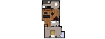 A floor plan of a house with a kitchen, living room, and bathroom.