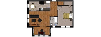 A floor plan of a room with a kitchen, living room, and bedroom.