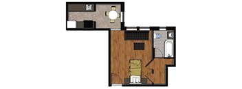 A floor plan of a room with a couch, chair, and a table.