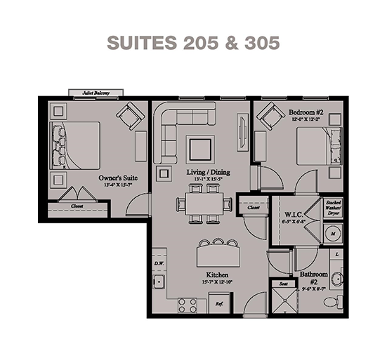 2 BEDROOM 1 BATH Floor Plan at Village Center Apartments at Wormans Mill, Frederick, MD, 21701