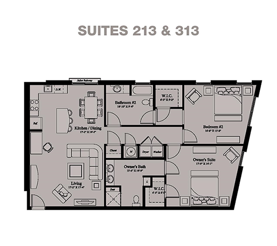 2 BEDROOM 2 BATH Floor Plan at Village Center Apartments at Wormans Mill, Frederick, MD