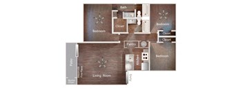 A floor plan of a house with a living room, kitchen, pantry, and three bedrooms.