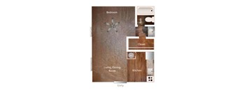 A floor plan of a home showing a bedroom, bathroom, closet, living/dining room, kitchen, and entry.