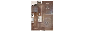 A floor plan of a house showing the layout of the bedroom, bath, living room, kitchen and dining room.