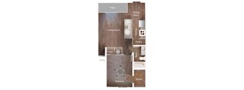 A floor plan of a house with a patio, living room, dining room, kitchen, pantry, bath, closet, and bedroom.