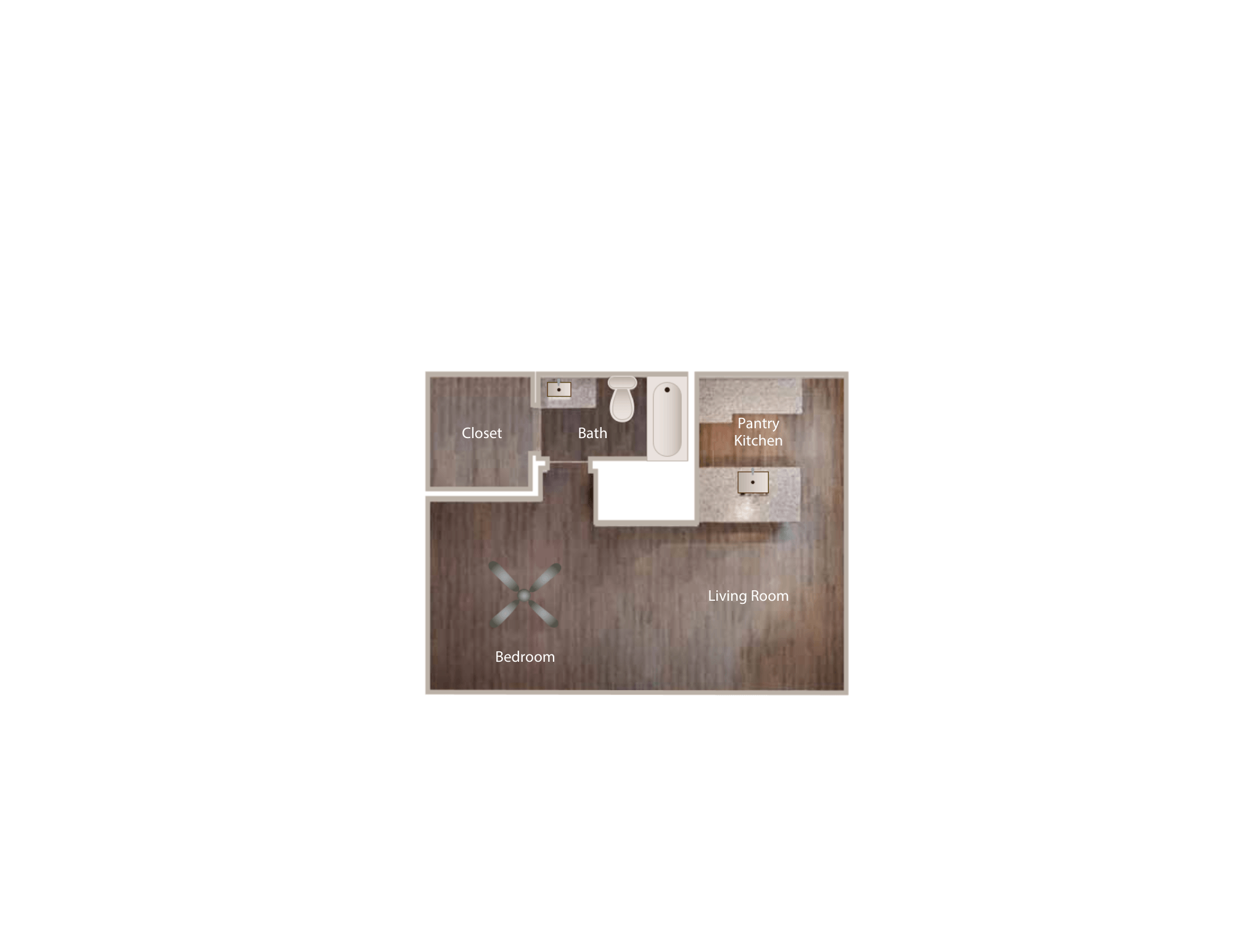 A floor plan of a house showing a bedroom, living room, kitchen, and bathroom.