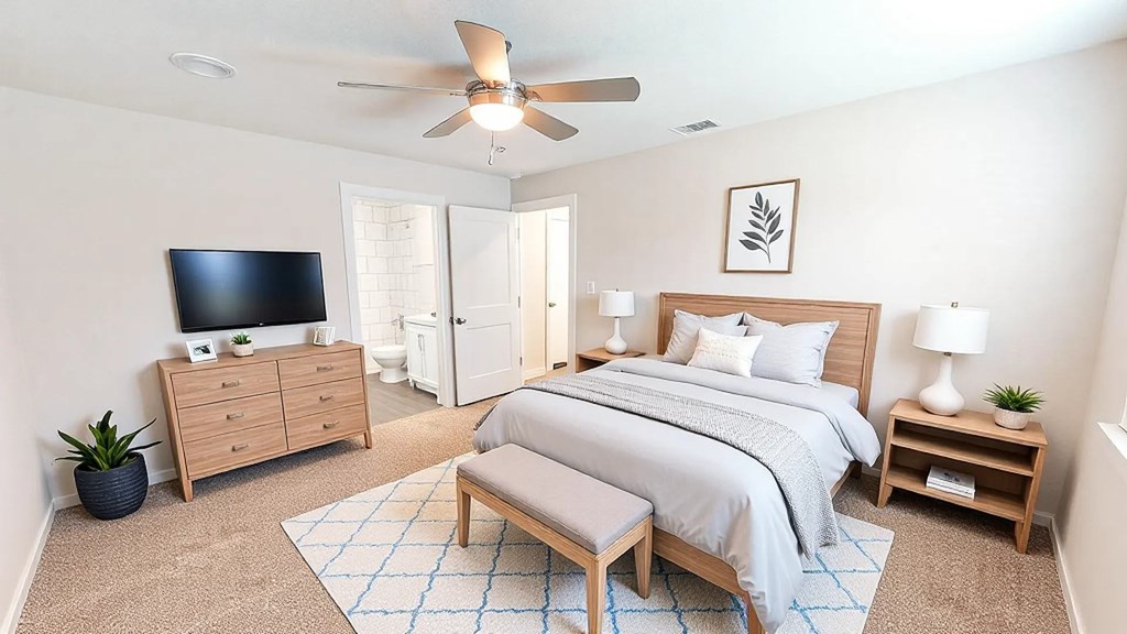 A bedroom with a bed, dresser, and tv.