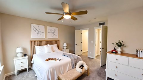 A bedroom with a large bed, a ceiling fan, and a small dog.