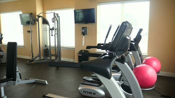 A gym with a variety of equipment including a rowing machine, a stationary bike, a treadmill, a weight bench, and a television.