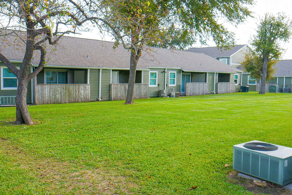 A grassy area in front of a building with a tree and a small air conditioning unit.