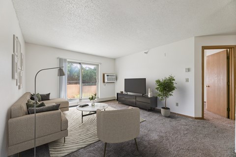 A living room with a grey carpet and a grey couch.