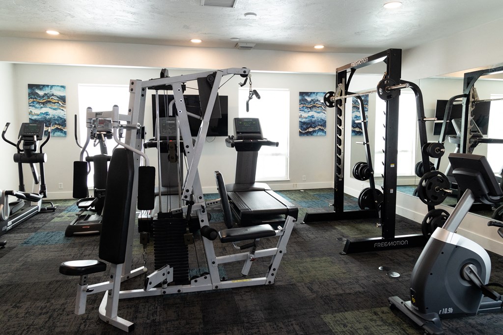 a gym with weights and cardio equipment in a building