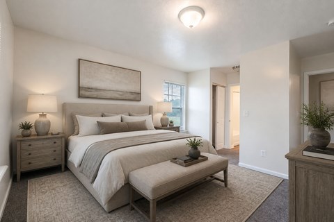 A bedroom with a large bed and a bench in front of it.