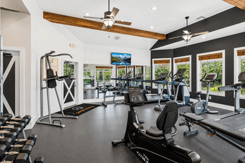A gym with a variety of equipment including treadmills, stationary bikes, and weight machines.