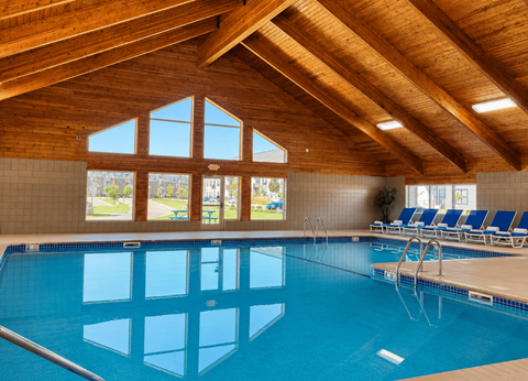 A large indoor swimming pool with a wooden ceiling and a view of the outdoors through the windows.
