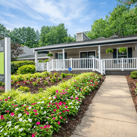 A house with a white fence and a sign that says "Welcome to Riverwood Estates".