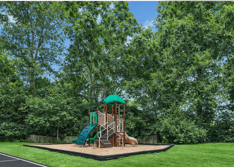 A playground with a green slide and a brown structure surrounded by trees.