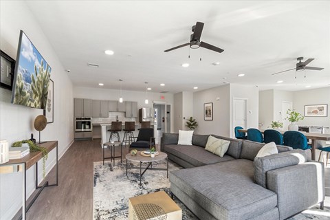 A living room with a grey couch and a white ceiling.