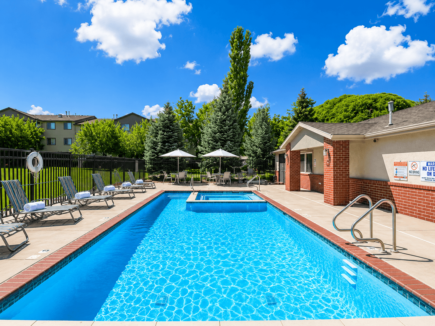 A swimming pool surrounded by lounge chairs and umbrellas.