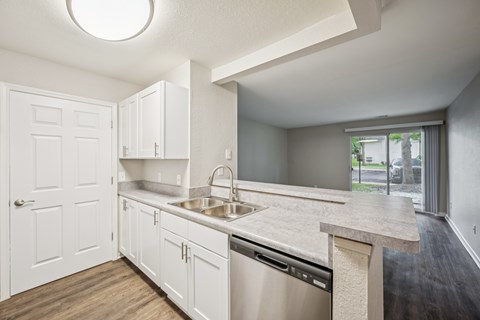 A kitchen with white cabinets and a stainless steel dishwasher.