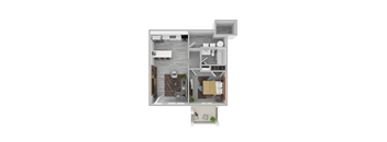 a stylized floor plan of a 1 bedroom apartment