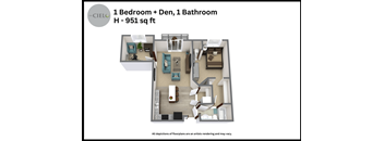 a stylized floor plan of a 1 bedroom unit with a bathroom