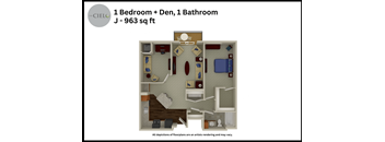 a floor plan of a 1 bedroom  den 1 bathroom