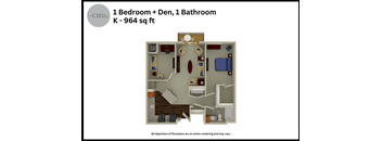 a floor plan of a 1 bedroom  den 1 bathroom k 984 sq ft