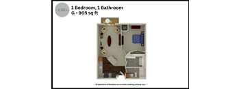 a floor plan of a 1 bedroom 1 bathroom g g0905 sq ft