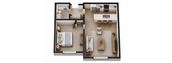A top-down view of a modern apartment layout with a kitchen, living room, and bedroom.