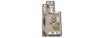 A top-down view of a small, neatly organized apartment with a kitchen, living room, and bedroom.