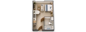 A top-down view of a small, neatly organized bedroom with a bed, nightstand, and a small bathroom area.