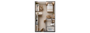 A top-down view of a small, neatly organized apartment with a bed, couch, table, and bathroom.