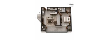 A 1 Bedroom apartment is 606 Square Feet with a living and dining area of 20x10 feet, a kitchen of 17.5x6 feet, a bathroom, a bedroom