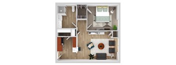 a stylized floor plan of a bedroom with a living room