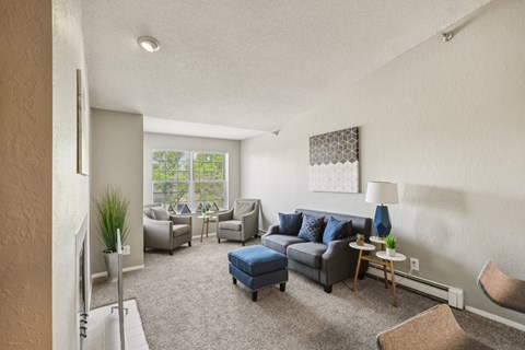 A living room with a grey couch and a blue ottoman.