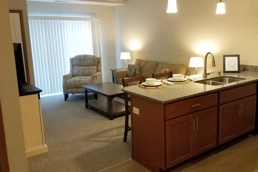 a kitchen and living room with a sink and a table