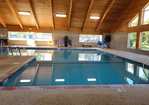 a swimming pool in a building with a wooden ceiling and a large window