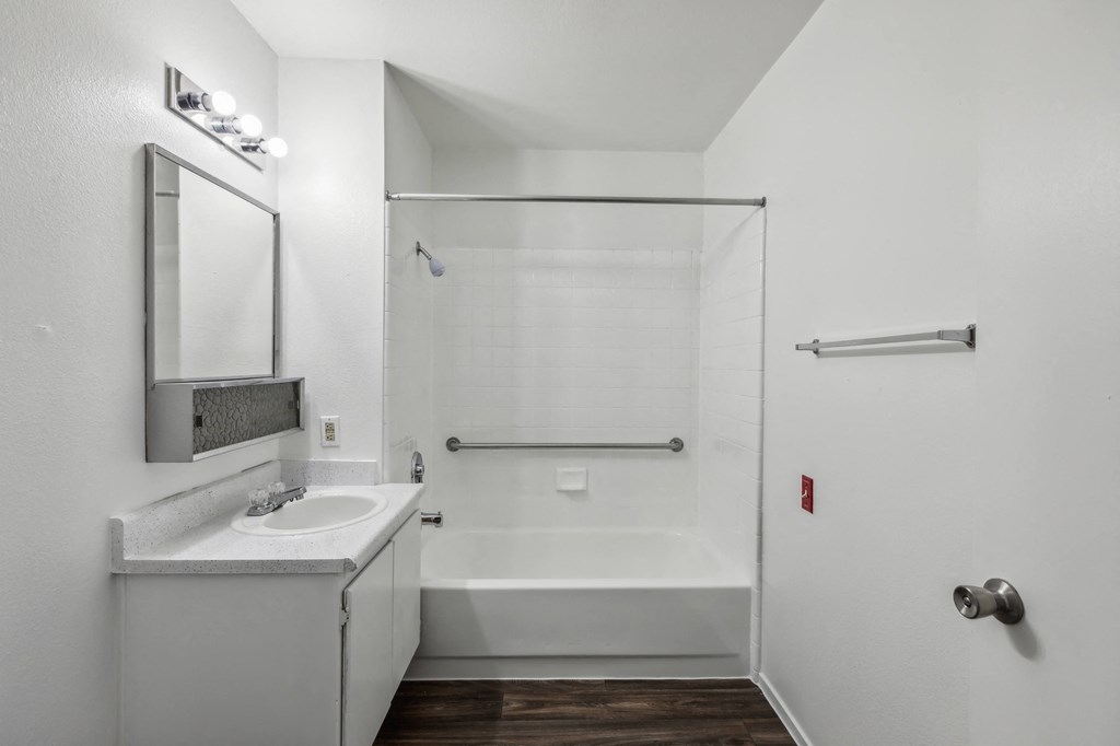 a bathroom with a shower and a sink and a mirror