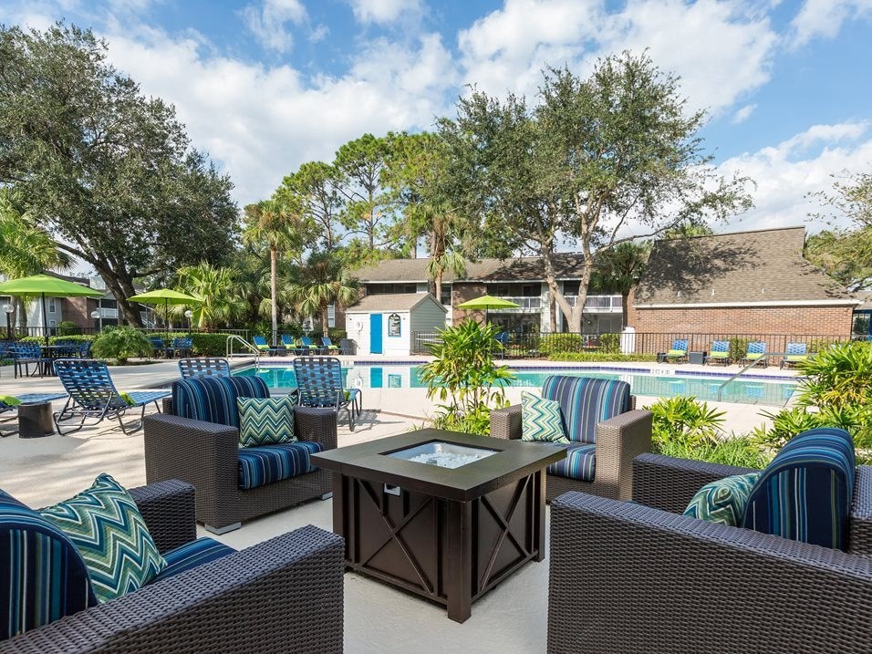 a pool with lounge chairs and a table